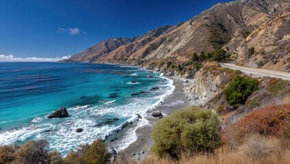 Scenic coastal view with a winding road.