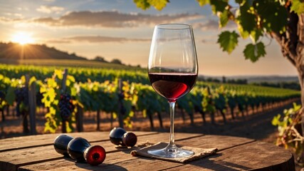 Glass of red wine sitting on table at sunset in beautiful vineyard
