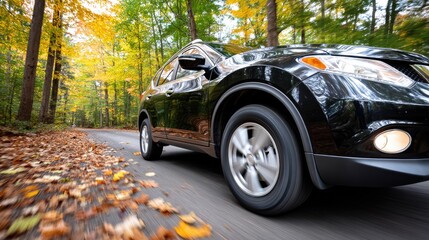 An SUV drives down a forest road adorned with colorful autumn leaves during a warm sunset, capturing a sense of adventure and motion.