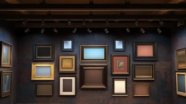 Empty frames hanging in art gallery interior lighting up wall