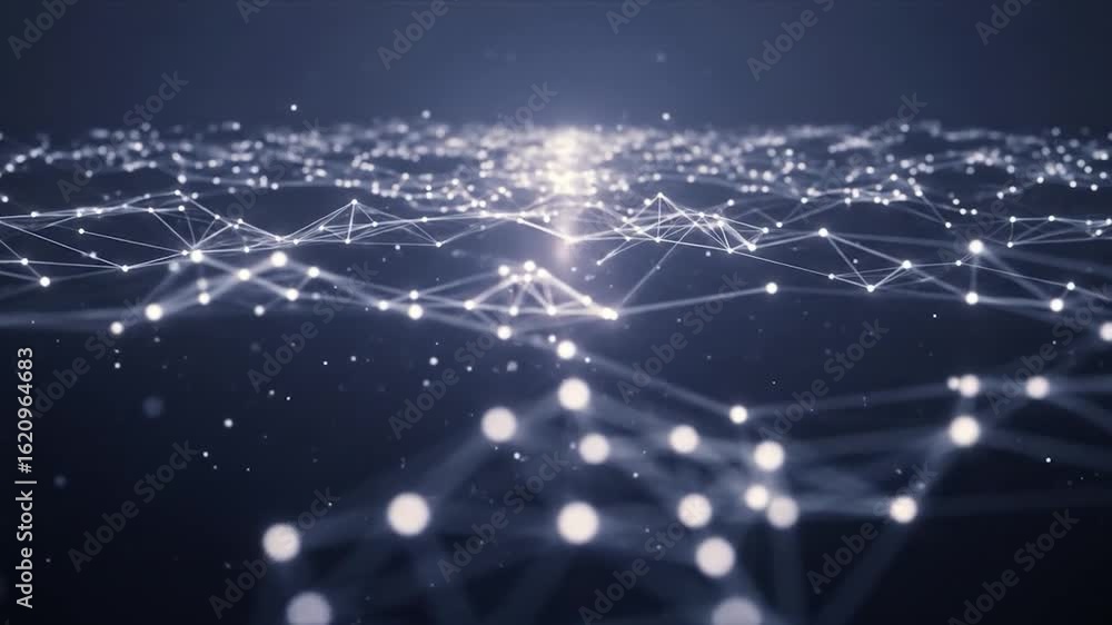 Poster abstract network: glowing nodes and connections moving across a dark background