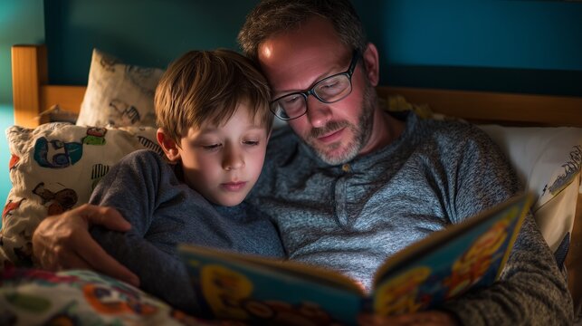 Father and son bonding together at bedtime, sharing a quiet moment reading a story in the bedroom