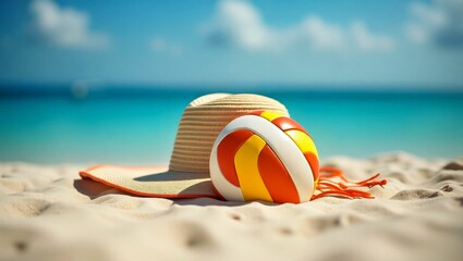 Obraz premium Sun hat striped beach ball on sand summer vacation relaxation