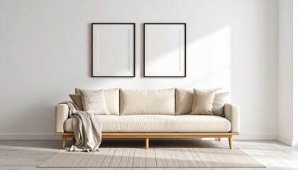 Serene Minimalist Living Room Beige Sofa Blank Frames Sunlit Interior.