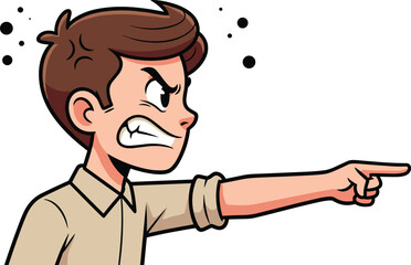 Cartoon angry man pointing with clenched teeth, intense emotion expression, brown hair character, beige shirt, bold gesture, dynamic illustration scene
