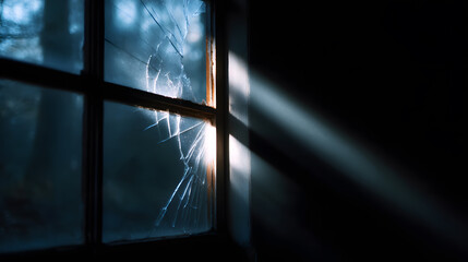 Shards of Mystery: Sunlight streams through a shattered window, casting intriguing shadows and suggesting a story of mystery and intrigue. The image evokes a sense of unease.
