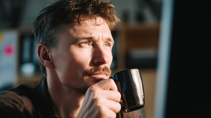 Professional businessman sipping coffee, gazing pensively while working on laptop in contemporary workspace