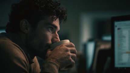 Young businessman drinking coffee and looking at computer screen while working late in office