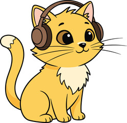 Cartoon cat listening to music, wearing brown headphones, yellow feline character, adorable pet illustration, cozy sound vibe, happy animal art