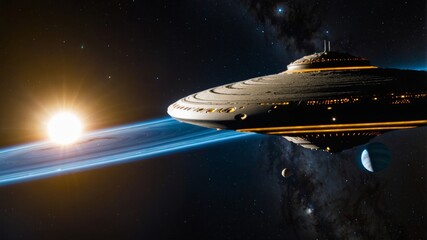 Huge spaceship exploring a star system with exoplanets and bright star