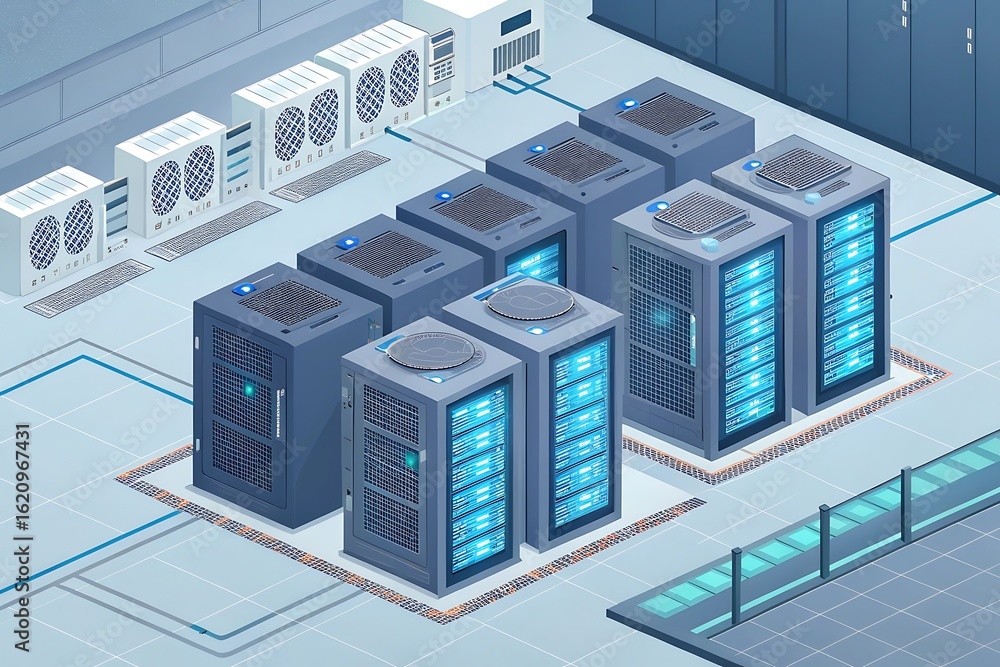 Poster isometric server racks in a data center isolated on white background