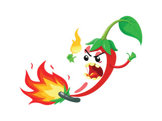 Fototapeta premium Vector art of angry cartoon chili pepper on fire, with flames and intense expression, symbolizing heat and power, isolated on white background.