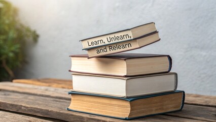 Stack of books with titles on learning, unlearning, and relearning