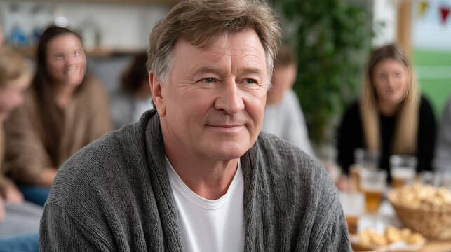 Candid moment captures a man in a grey cardigan watching a soccer match while friends celebrate together with snacks and drinks