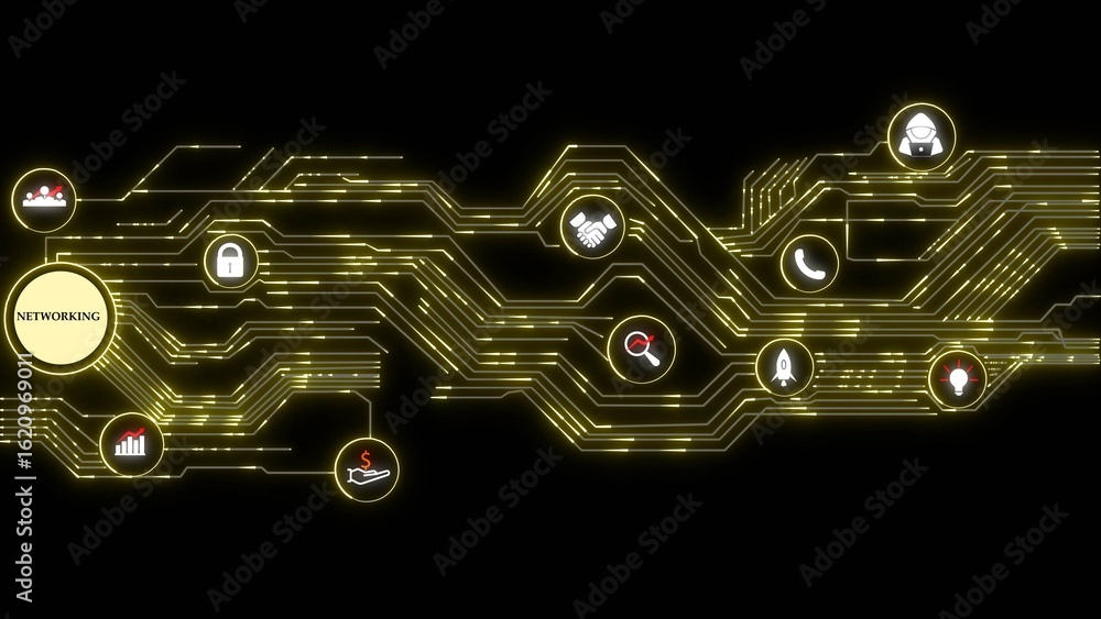 Poster abstract network technology background golden circuit board lines connections icons data security co