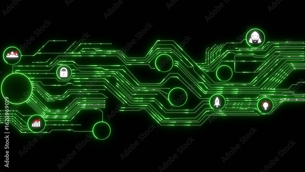 Poster abstract green circuit board network technology background digital data stream lines glowing neon co