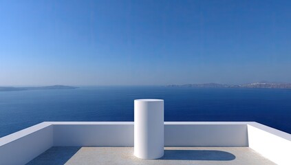 Panoramic view of a tranquil ocean from a white architectural terrace.