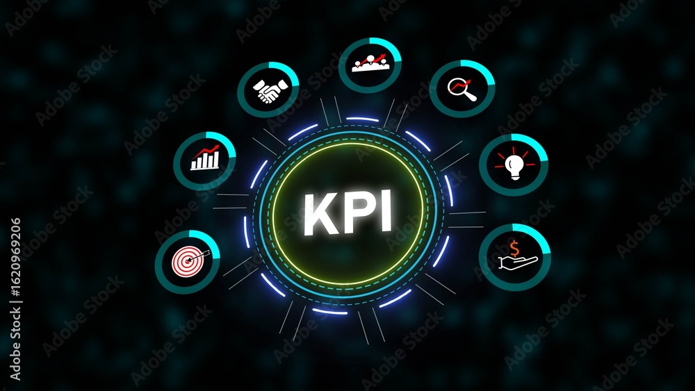 Poster kpi key performance indicator digital dashboard teal green neon lights business analytics data visua