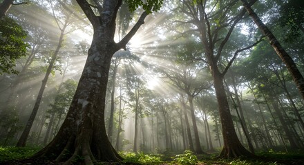 Obraz premium Misty Forest Awakening: Sunlight Through the Trees, Enchanting Forest Scene with Sunbeams and Lush Greenery