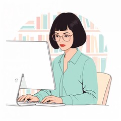 Young woman working on a computer in a library with a focused expression and pastel background