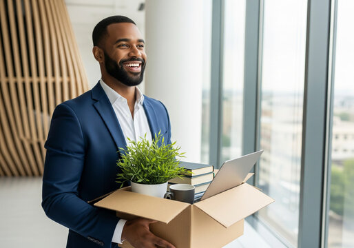 Happy Businessman with Box Leaving Office