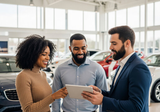 Happy Couple Buying Car in Showroom