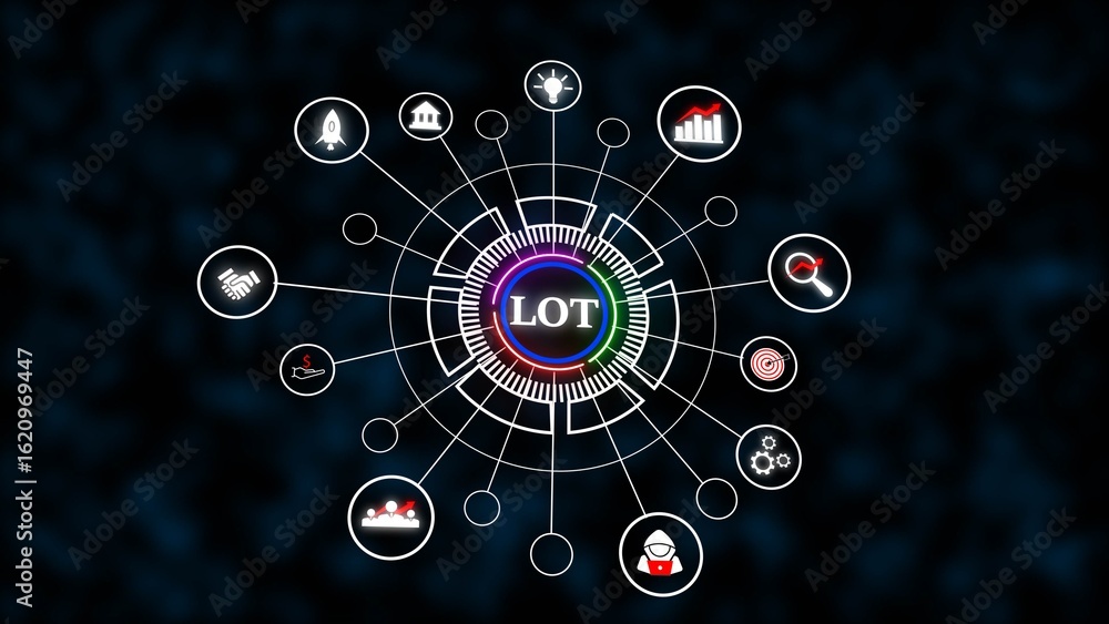 Poster abstract network graphic showing lot acronym centralized in circular node connected to various white