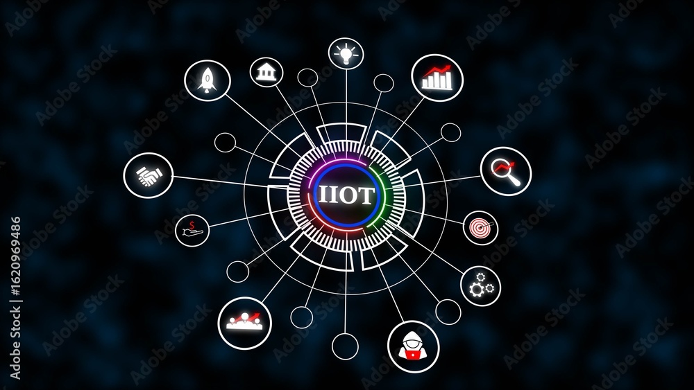 Poster abstract iot network diagram dark blue background white circles connected lines icons data security 