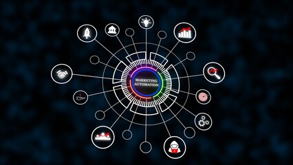 Marketing Automation System Network Diagram White Icons Dark Blue Background Circular Design image