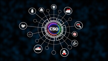 CSO Network Diagram White Icons Dark Blue Background Circular Connections Data Security Technology Concept