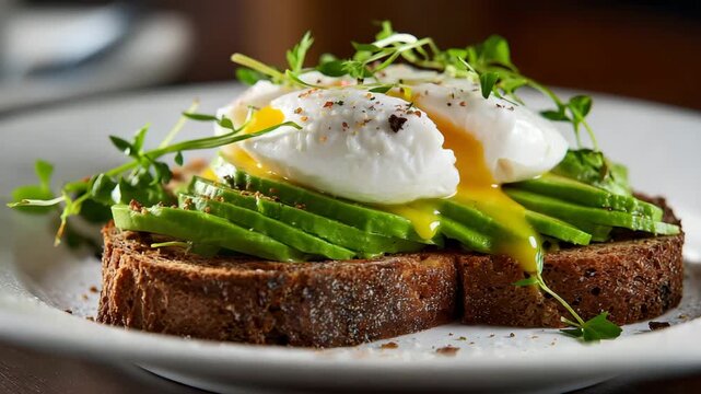 Ultra HD Poached egg and avocado on the toast video poached egg on avocado toast video healthy dinner video sliced avocado and poached egg on the fried bread video