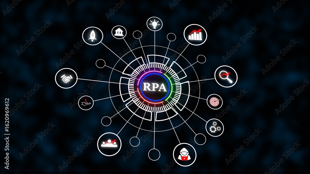 Poster rpa technology network diagram dark blue background white icons circular connections data analytics 