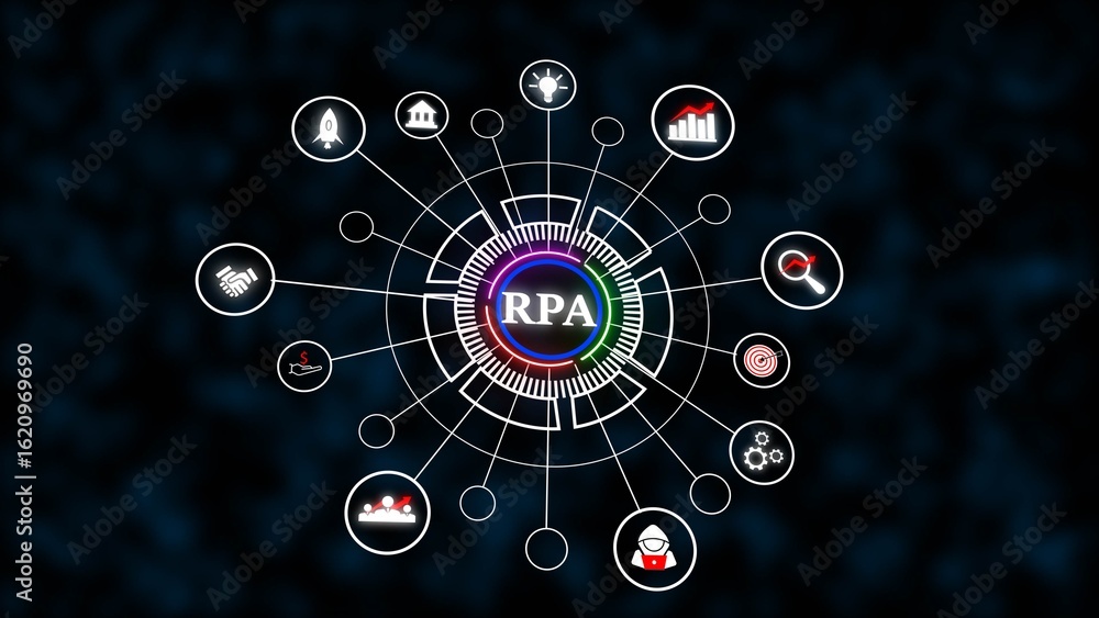 Aufkleber rpa technology network diagram dark blue background white icons circular connections data analytics 