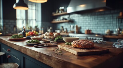 Fototapeta premium A kitchen counter with a variety of food items, including a large pizza. The counter is made of wood and has a wooden cutting board on it. The kitchen is well-equipped with a sink, oven