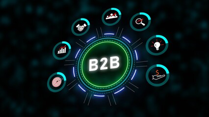 B2B Business Concept Graphic Teal Green Neon Circles Data Analysis Marketing Strategy Teamwork Target Growth Idea Money