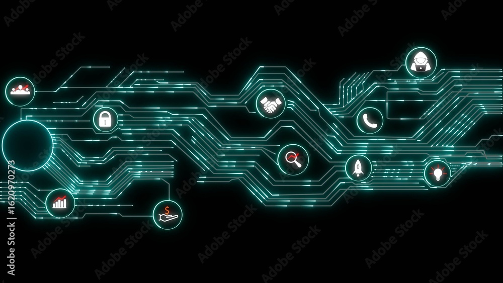 Poster teal circuit board network graphic with white icons showing security teamwork communication and inno