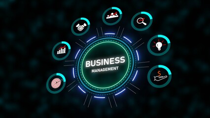 Teal and Blue Business Management Circular Graphic with Icons Showing Teamwork Target Market Research Idea and Finance
