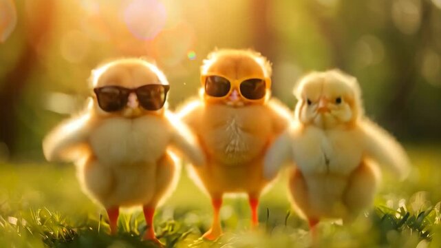 A group of three adorable baby chicks standing on a grassy field at sunrise, two wearing sunglasses and spreading their wings