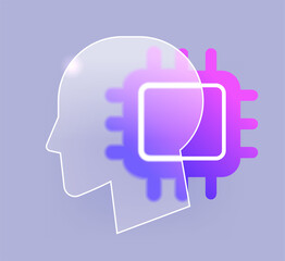 Human head with microchip glass morphism icon. Ai technology vector symbol