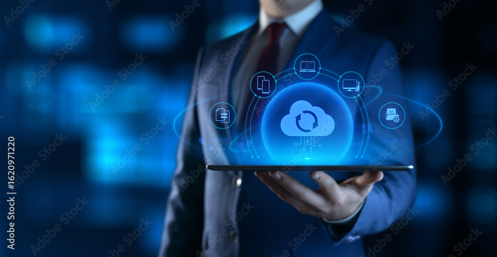 Poster businessman holding tablet with cloud computing icons on screen. data transfer and cloud backup tech