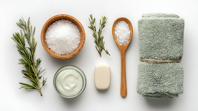 Green towel white salt cream soap rosemary sprigs wooden bowl spoon wellness relaxation