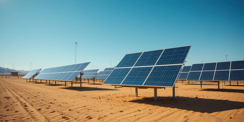 Harnessing solar power photovoltaic panels in desert landscape renewable energy outdoor wide angle view