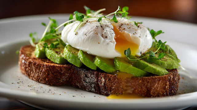 Ultra HD Poached egg and avocado on the toast image poached egg on avocado toast picture healthy dinner photo sliced avocado and poached egg on the fried bread picture