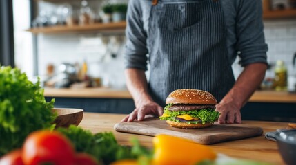 Professional chef preparing gourmet hamburger with fresh ingredients on sleek kitchen counter