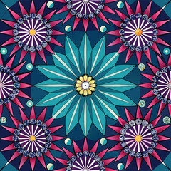 Abstract floral mosaic pattern with geometric shapes in teal pink and blue for backgrounds and wallpapers