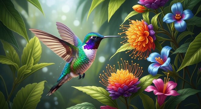 Hummingbird feeding on nectar from colorful tropical flowers in a garden