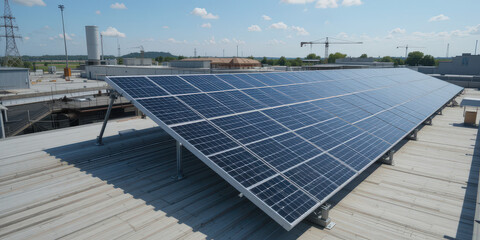 Solar panel installation demonstration on rooftop urban environment renewable energy clear sky view