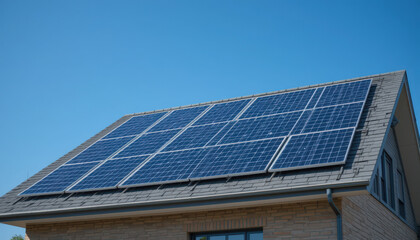 Fototapeta premium Solar panel installation on rooftop house urban environment residential content clear sky view renewable energy concept