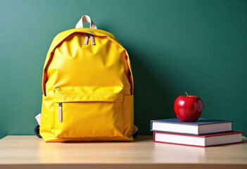 bright yellow backpack standing on a school desk on the left, a stack of books with a red apple on top placed next to it, right side of the desk left empty for text placement