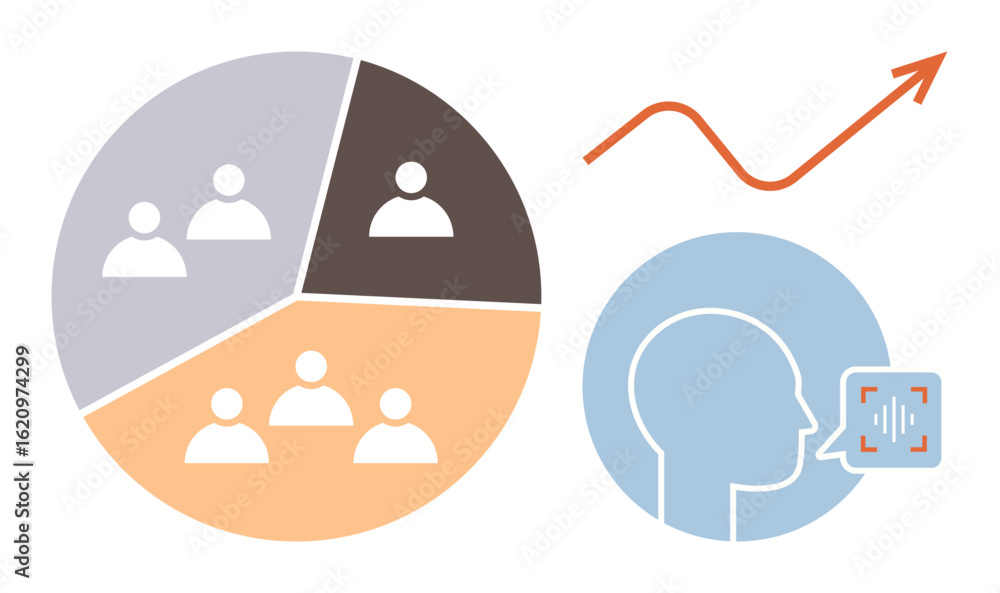 Aufkleber pie chart with segmented teams, upward graph trend, and human profile with sound recognition. ideal 
